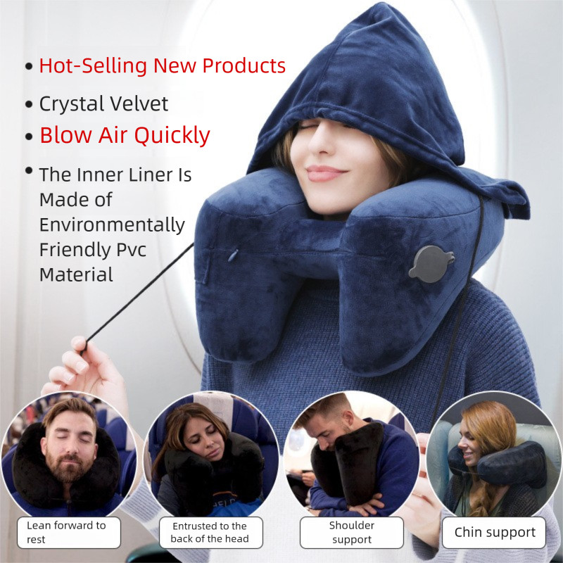หมอนรองคอ Travel u-Shaped Pillow Inflatable Pillow H Hooded Nap Pillow Outdoor Car Long-Distance Airplane Neck Pillow