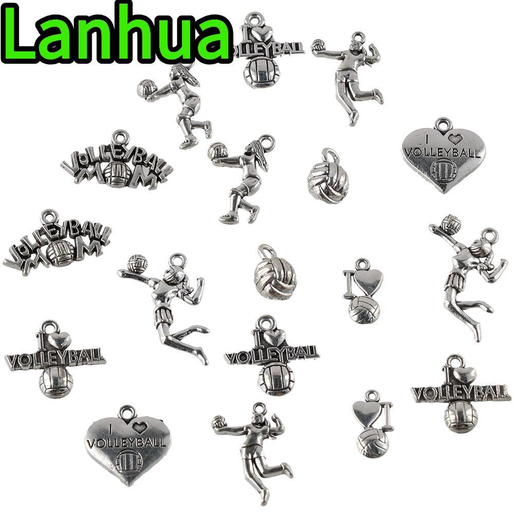 LANHUA 45PCS Ball Sports Charms, 9 สไตล์เงิน Retro วอลเลย์บอล Charms จี้,อุปกรณ์เสริมโลหะผสม I Love 