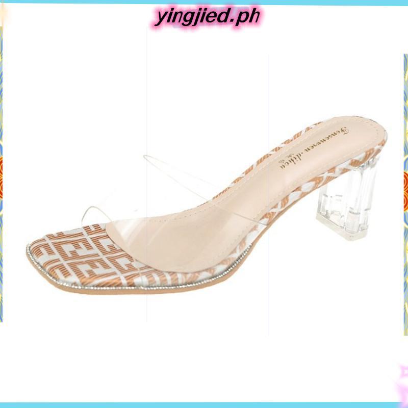 Jolen 2022 plus size 35-42 โปร่งใส sa ndals สําหรับผู้หญิง 6.5 ซม.สแควร์นิ้วเท้ารองเท้าแตะคริสตัลก้อ