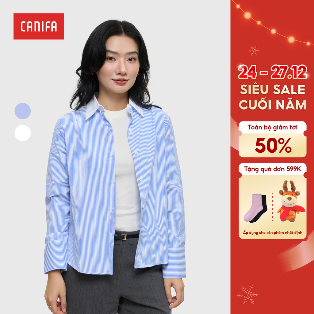 CANIFA เสื้อเชิ้ตคอปกแขนยาวผู้หญิงลายทาง 6TH25W001
