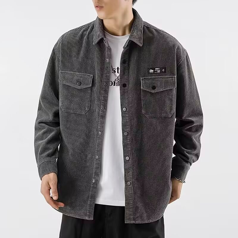 เสื้อเชิ้ตแขนยาวแบบวินเทจแขนยาวผ้าผู้ชายผ้าใยสังเคราะห์มี 2 สี M-3XL