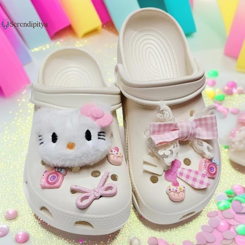 SEE 8 ชิ้น DIY Hole รองเท้ารองเท้าแตะและ Clogs ตกแต่งรองเท้า Charms ชุดการ์ตูน Bow Fork สาวผู้หญิงรองเท้าแตะอุปกรณ์เสริม TH