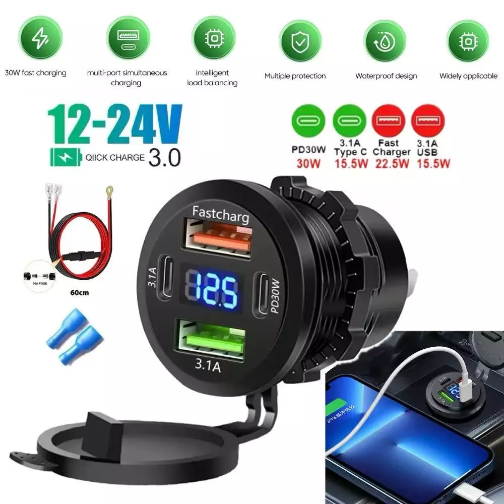 ใหม่ 60W ที่ชาร์จ USB 4 พอร์ต พร้อม LED โวลต์มิเตอร์ รองรับ Dual PD & Dual QC3.0 ชาร์จเร็ว กันน้ํา สําหรับรถยนต์ เรือ มอเตอร์ไซค์ 12/24V