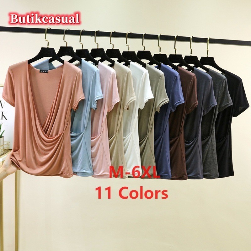 ผู้หญิง Modal ลึก V คอเสื้อยืดขนาดใหญ่แขนสั้นบางอเนกประสงค์ T เสื้อด้านบน