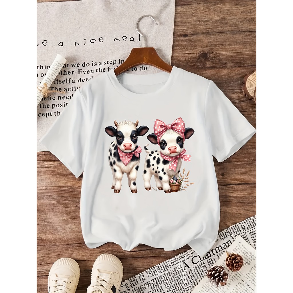 เสื้อยืดสำหรับเด็กผู้หญิง Mo Qitong ลายการ์ตูนวัว แฟชันลำลอง