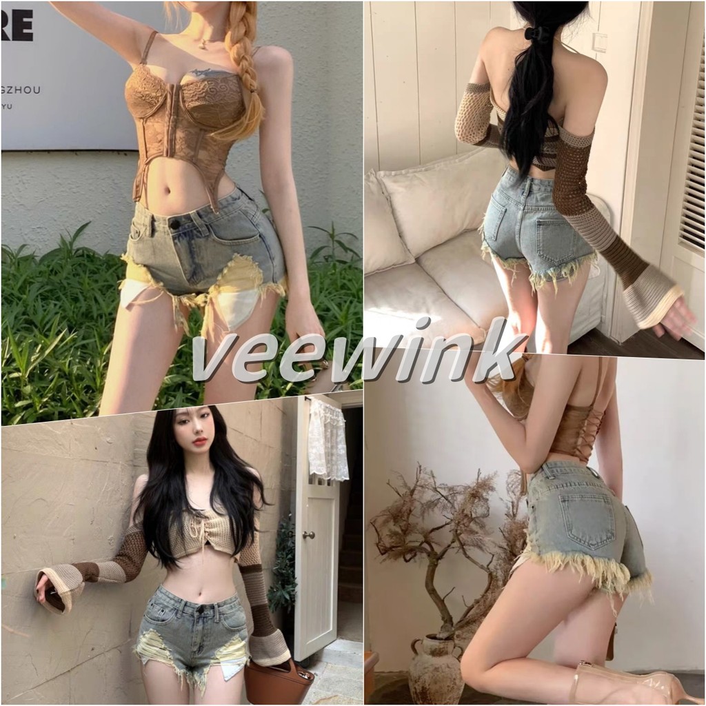 Veewink กางเกงยีนส์ขาสั้นเอวสูง ขาดแบบมีชายหยัก ไม่สมมาตร เซ็กซี่ สไตล์เกาหลีเซ็กซี่ ผ้าในสีขาวกันเลื่อน