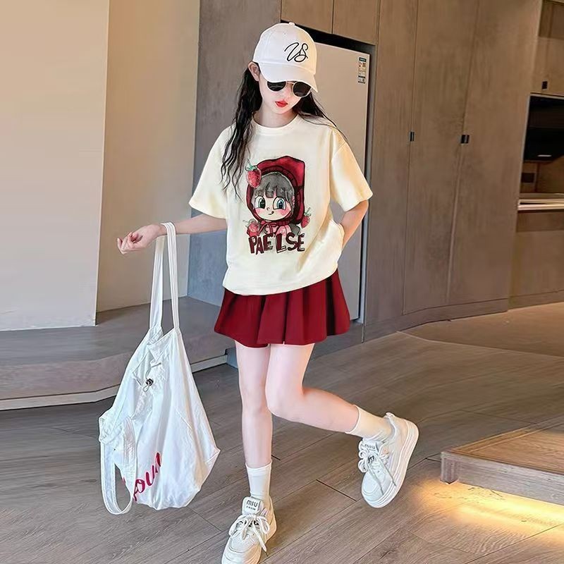 พร้อมสต็อก 120-170ซม สาวน่ารักการ์ตูนกระโปรงจีบชุดฤดูร้อนกลางเด็กใหญ่หลวมสบายๆแขนสั้นกระโปรงสั้นชุดสองชิ้น