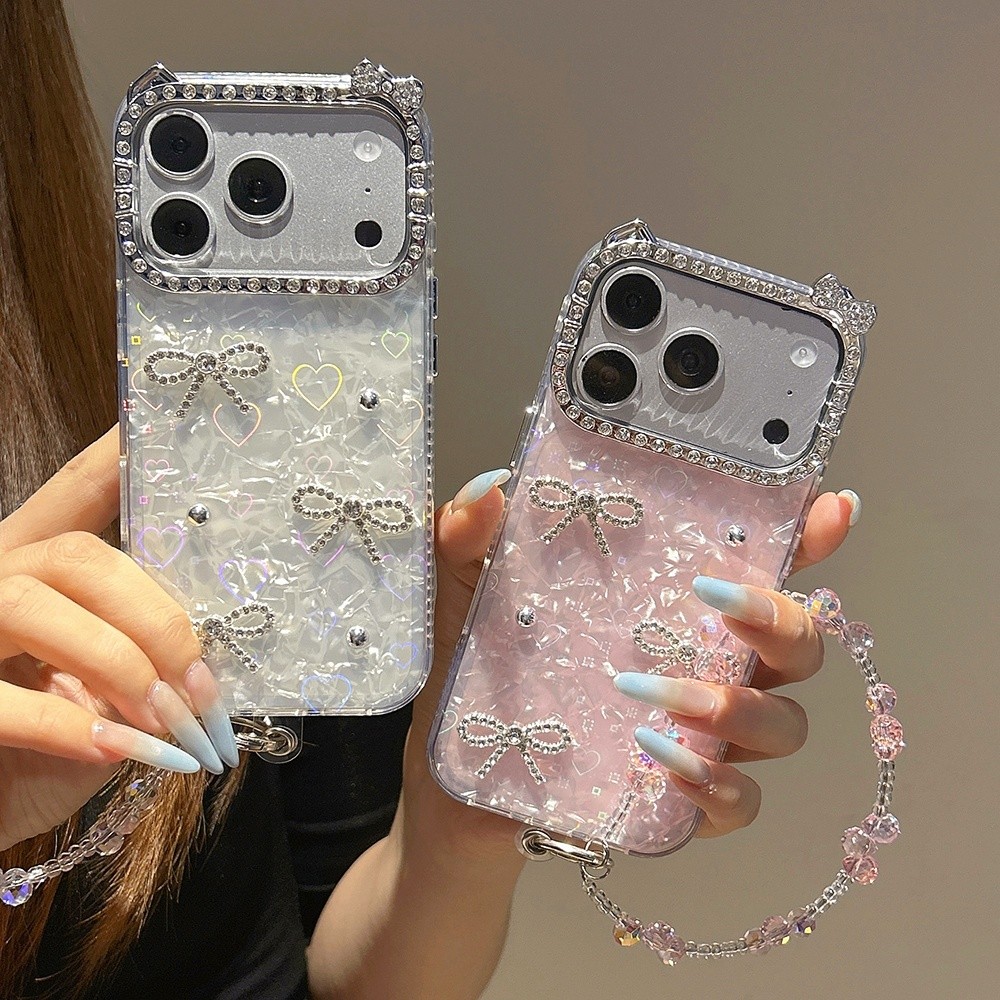 3DลูกปัดBowknot Shellเลเซอร์ + โซ่เพชรหูแมวอะคริลิคเคสโทรศัพท์สําหรับiPhone 17 Pro Max 17 Air 16 Plus 15 14 13 12 11 กันกระแทกป้องกันปลอก