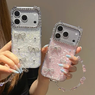 3DลูกปัดBowknot Shellเลเซอร์ + โซ่เพชรหูแมวอะคริลิคเคสโทรศัพท์สําหรับiPhone 17 Pro Max 17 Air 16 Plus 15 14 13 12 11 กันกระแทกป้องกันปลอก