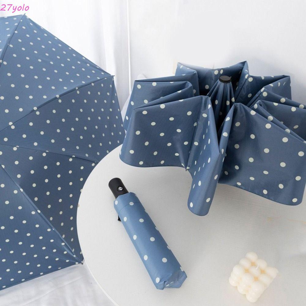 ร่มอัตโนมัติลายจุดเคลือบสีดำ พับได้ ป้องกันรังสียูวี น้ำหนักเบาสำหรับกลางแจ้ง