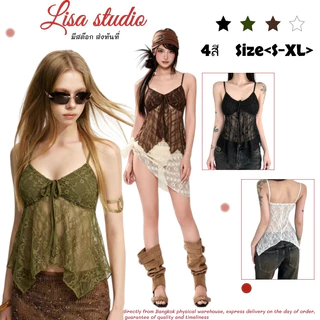 Lisaพร้อมส่ง🎐เสื้อสายเดียวผ้าลูกไม้คอวีดีไซน์โบว์สุดน่ารักเสริมฟ้องน้ำแขนกุดเสื้อครอปทรงเข้ารูป สไตล์สาวฮอตขุดเที่ยวสบา