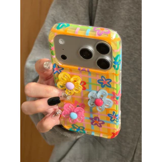 เคสน่ารักเกาหลี Ins Vibrant Aesthetic สีสันลายสก๊อตเส้นและ 3D รูปแบบดอกไม้สีเหลืองพื้นหลังสําหรับ iPhone 17 Pro Max 16 Pro 15 14 13 Pro Max