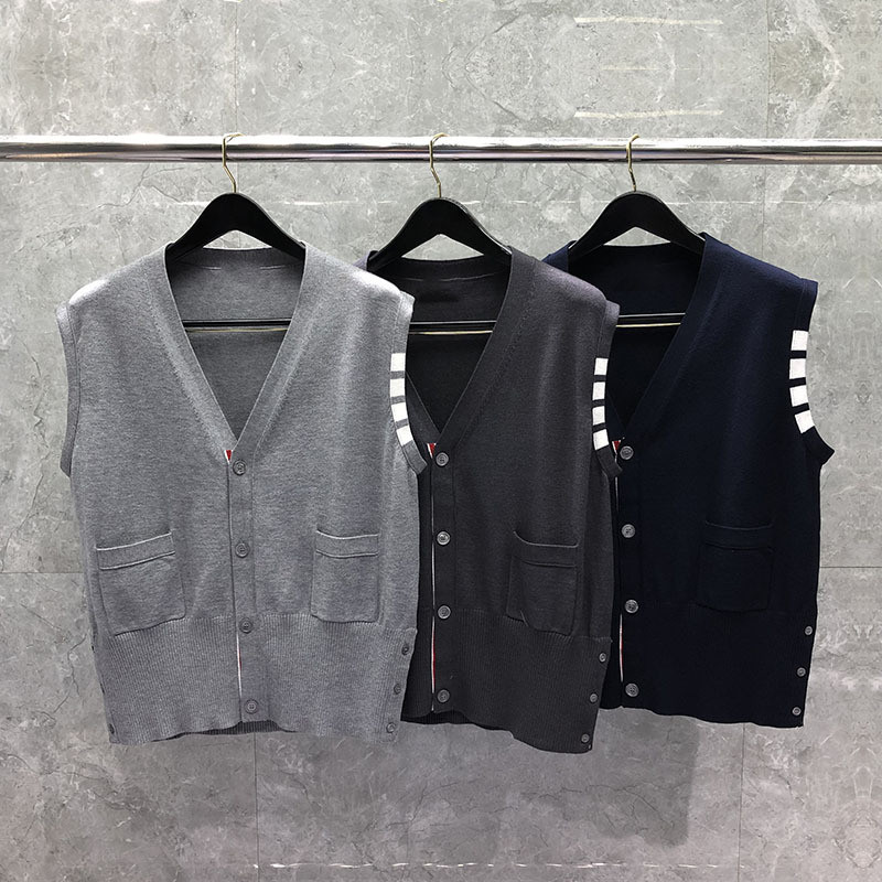 ZZJT thombrowne New knitted vest v Collared cardigan, short, slim-fit, unisex, sleeveless sweater