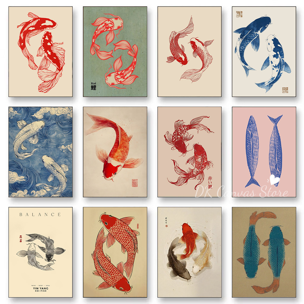 ญี่ปุ่น Koi Fish ภาพวาดผ้าใบโปสเตอร์ Japandi Vintage ความงามห้องครัวภาพ Decor