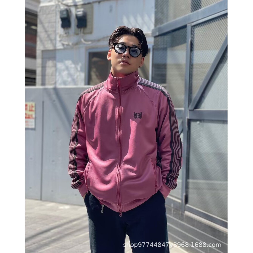 DLGS Needles track Light pink embroidered tape campus casual loose sports jacket