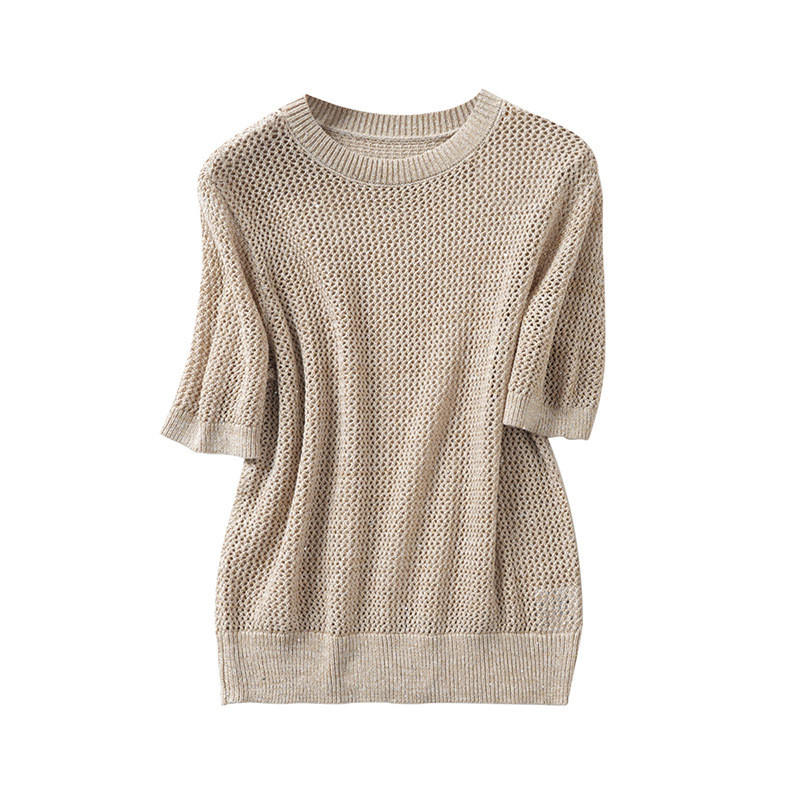 TCH Tencel Linen Hollow Sequined เสื้อกันหนาวฤดูร้อนผู้หญิง High-End รอบคอแขนสั้น French Top