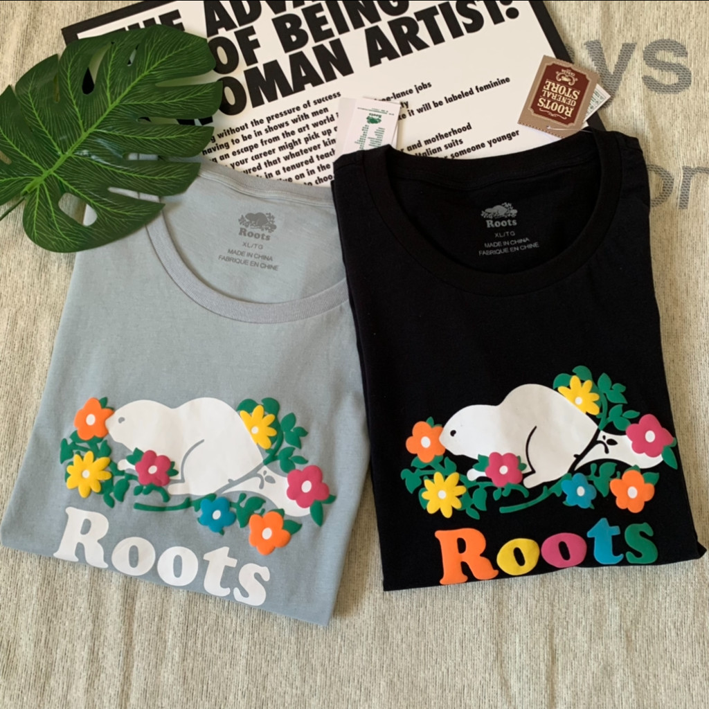 Ro.ots เสื้อยืดฤดูร้อนสําหรับผู้ชายและผู้หญิงดอกไม้สีสันสดใส Beaver พิมพ์รอบคอผ้าฝ้าย Joker แขนสั้น