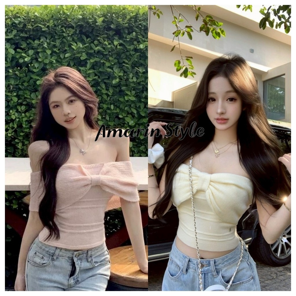 Amarin🌸พร้อมส่ง🌸เสื้อเปิดไหล่ผ้าไหมพรม สีน่ารักพาสเทล แขนสั้นยืดตัว ใส่สบาย เกิร์ลลี่สไตล์Z-TS05
