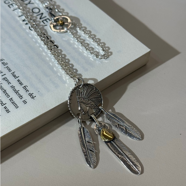 GORO'S s925 Sterling Silver Seiko Indian Feather Necklace Pendant