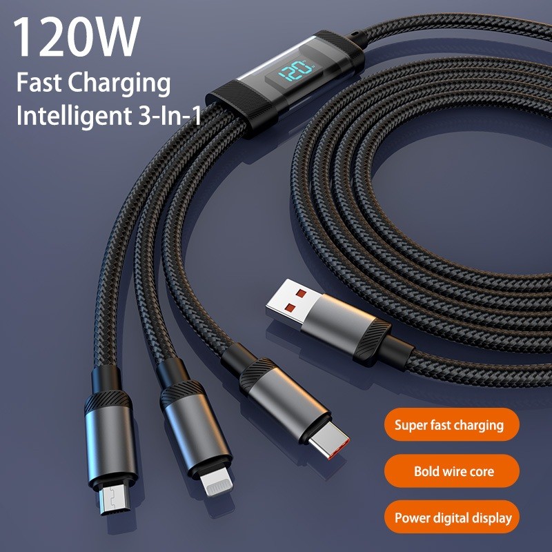 120W สายชาร์จ 3 in 1สายชาร์จเร็ว Type c มีจอ LED บอกความเร็วขณะชาร์จ การออกแบบโปร่งใส สายชาร์จ TypeC, IOS,  Micro USB