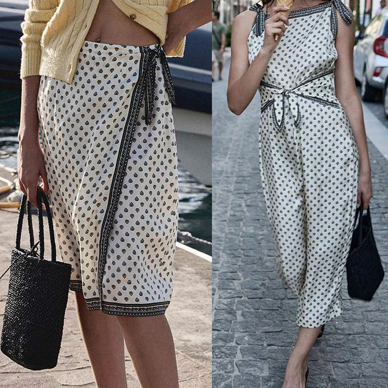 3AWH Maje 2025Summer Elegant Printed Off-Shoulder Tie Waist Sleeveless Long Dress Half Skirt25444