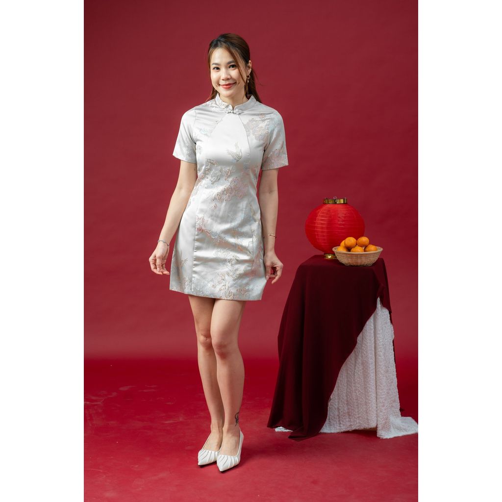 DP Women Beige Harmony Crane Garden Cheongsam Dress - XC0926