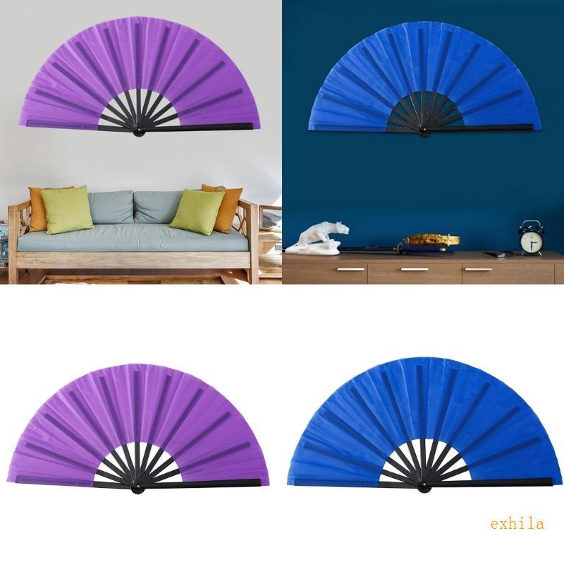 Exhila พัดลมมือถือพับ Kung Fu ขนาด 10 นิ้วพร้อมพัดลมมือสีทึบกระดูกสีดําสําหรับจอแสดงผลทางวัฒนธรรมและ