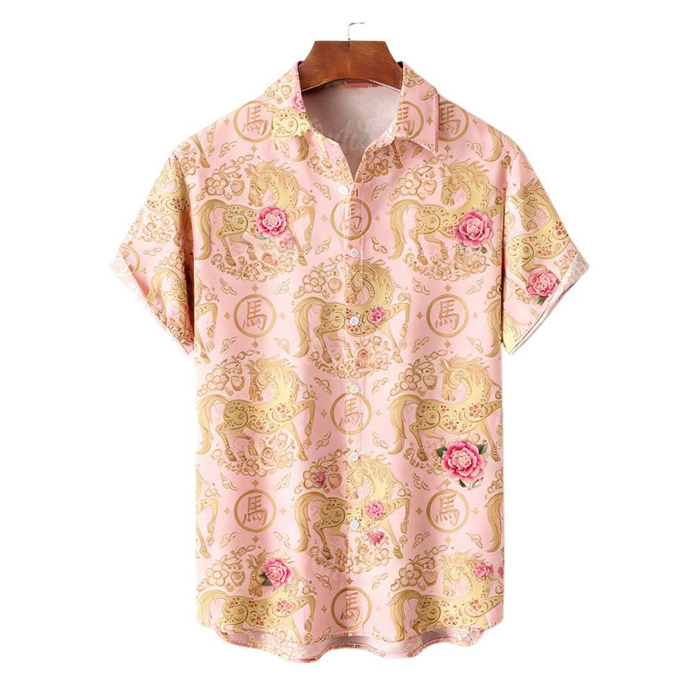 เสื้อแขนสั้นฮาวายสีแดงสำหรับผู้ชาย เหมาะสำหรับปีใหม่และงานเลี้ยง มงคลปีม้า - รูปที่ 6