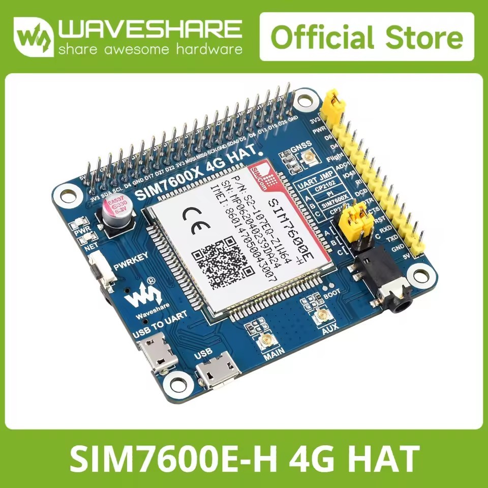 Waveshare SIM7600E-H 4G หมวกสําหรับ Raspberry Pi 5/4B/3B/Zero, Raspberry Pi LTE Cat-4 4G,GNSS,ยุโรป,