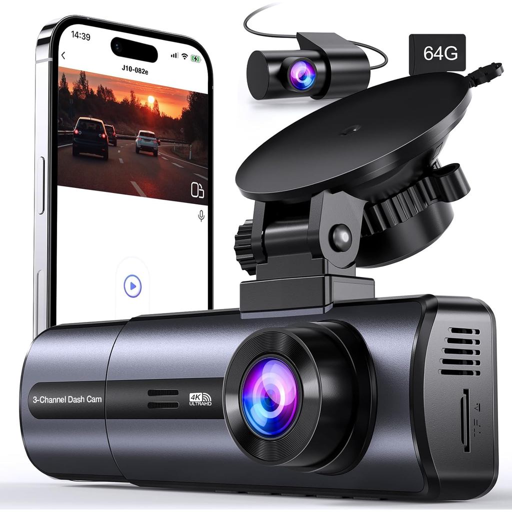 3 ช่อง 4K Dash Cam พร้อมการควบคุม WiFi และ APP 5GHz, 4K/2.5K+1080P + 1080P ด้านหน้าภายในและภายนอก, ก
