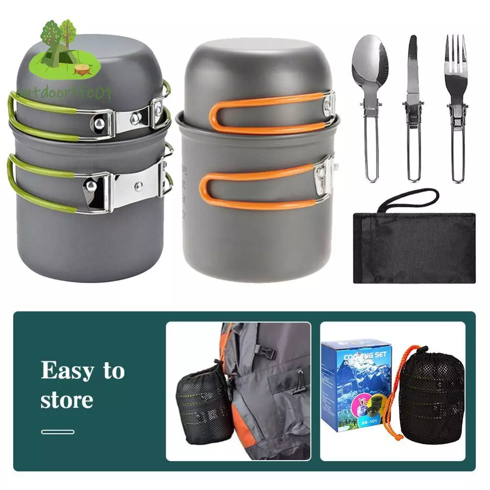 【Outdoorlife01.th】โอเดล กลางแจ้งหม้อบนโต๊ะอาหารชุดอลูมิเนียมอัลลอยด์ตั้งแคมป์ทําอาหารชุดพร้อมที่จับเดินทางช้อนส้อมเครื่องครัวสําหรับตั้งแคมป์1-2คน