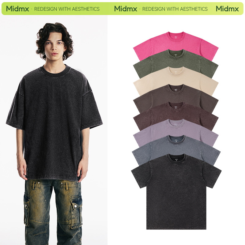 Midmx ผ้าฝ้าย100% เสื้อยืดฟอก oversize เสื้อยืดแขนสั้นคอกลม สไตล์อเมริกัน