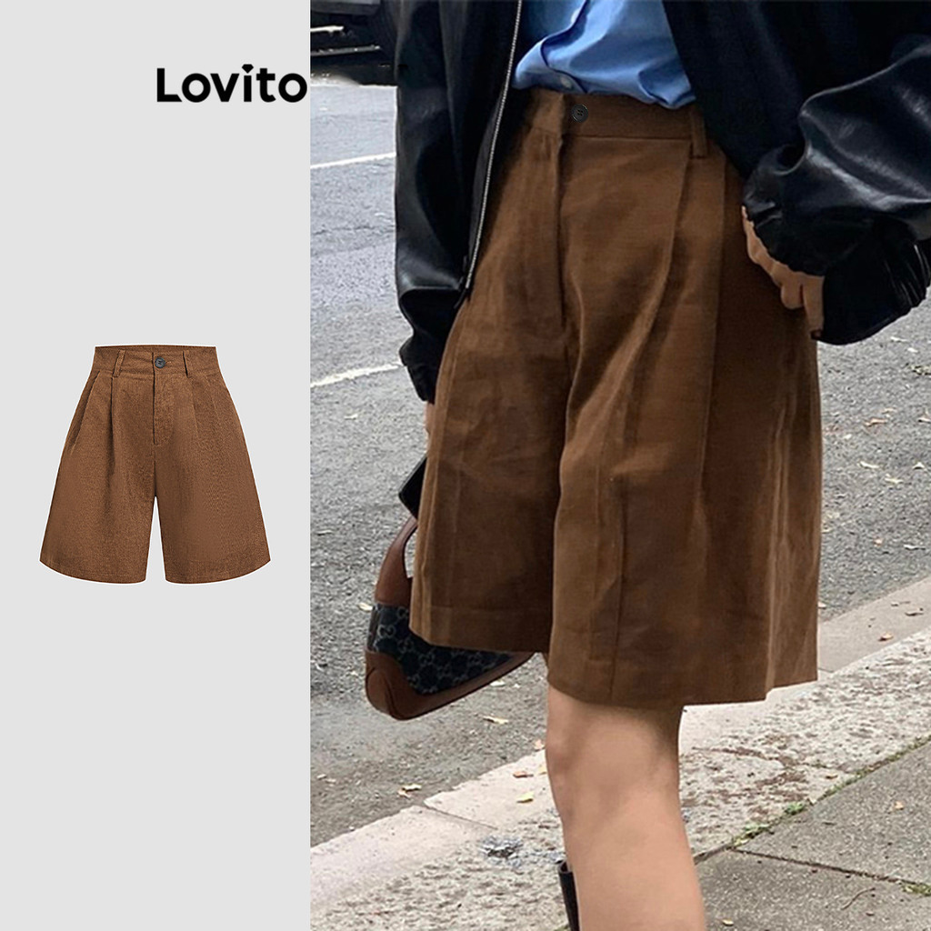 Lovito กางเกงขาสั้นลําลอง ขาสั้นกระดุมสีพื้นสําหรับผู้หญิง L114AD344