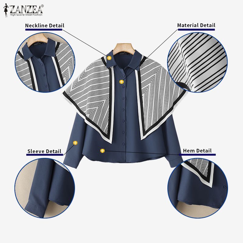 ZANZEA เสื้อคลุมแขนยาวสไตล์วินเทจเกาหลี พิมพ์ลายทางและ patchwork สวมใส่ง่าย — صورة 7