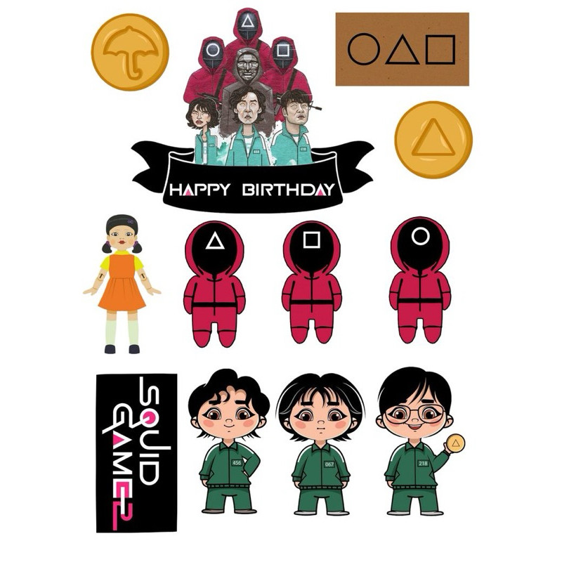 SQUID GAME Topper ชื่อและอายุที่กําหนดเองฟรี | SQUID GAME ตกแต่งเค้กวันเกิด