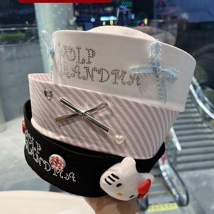 หมวกกะลาสีหญิง KT Cat สไตล์มิลเลนเนียม ตกแต่งด้วยโบว์ แบบฟิก-บริม เน้นสไตล์แฟชั่นในฤดูร้อน