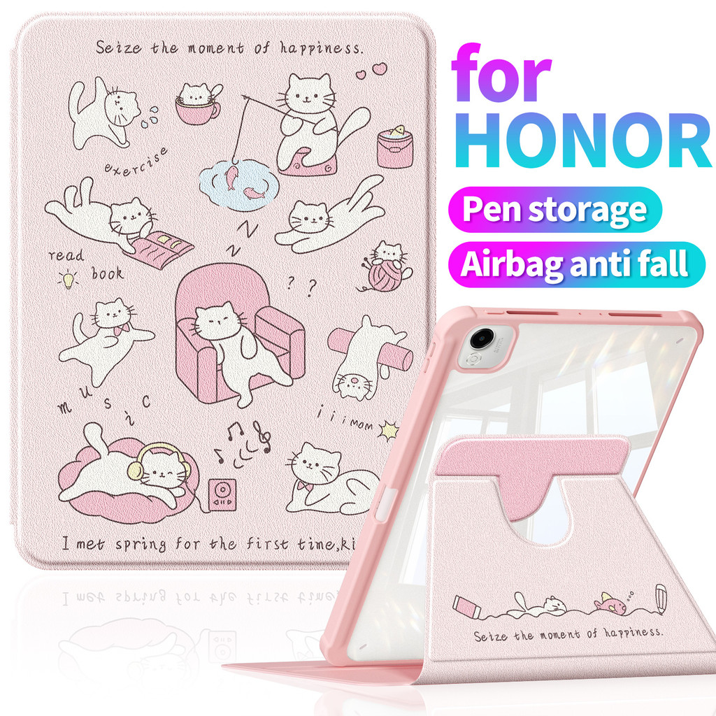 A1365 小猫360 หมุนกรณี Honor Pad 10 / 9 / X9a แนวตั้งขาตั้งอะคริลิคใสฮาร์ดปกหลังปลอกกันกระแทกสําหรับ H