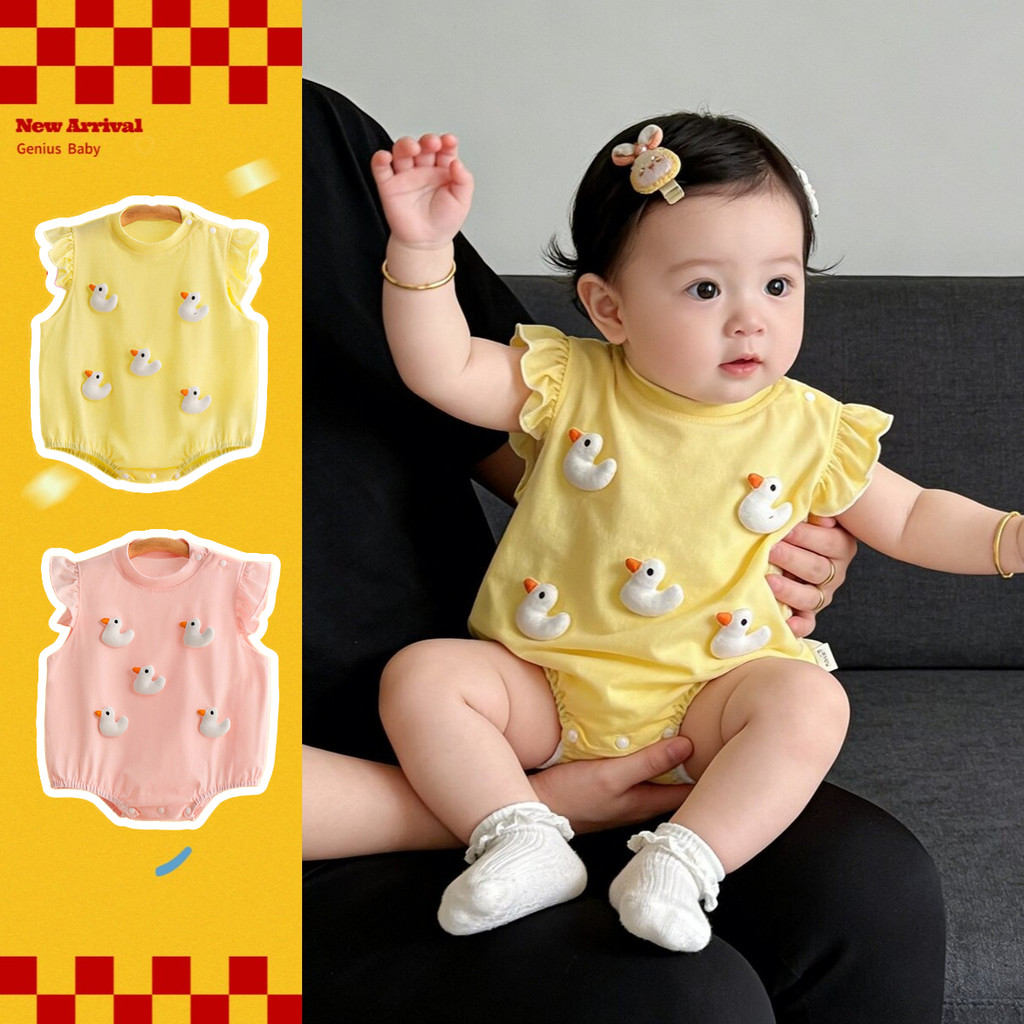 0-24 เดือนบินแขนเสื้อผ้าเด็กฤดูร้อนใหม่บางการ์ตูน 3ง เป็ดน่ารักสุดน่ารักผิวสาวสไตล์เกาหลี ชุดรอมเปอร์