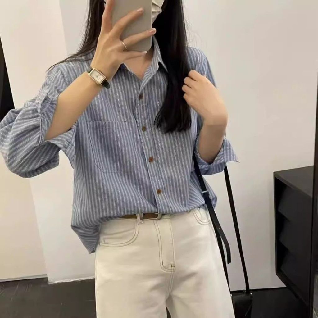 Dahong W716 เสื้อเชิ้ตแขนยาวแฟชั่น ลายทาง oversize คอปก รูปที่ 5