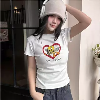 ตัวอักษรการ์ตูนพิมพ์เสื้อยืดแขนสั้นผู้หญิงผ้าฝ้าย เสื้อยืดคอปกผู้หญิง เสื้อยืดผู้หญิงแฟชั่นสวยๆ แฟชั่นสตรีท