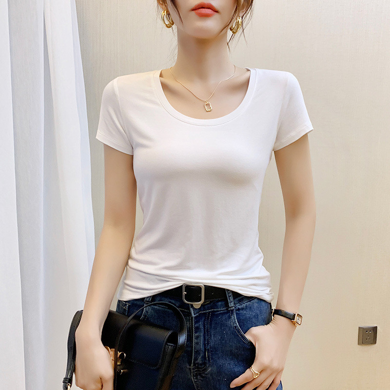 สีขาวรอบคอแขนสั้นเสื้อยืดผู้หญิง Modal 2024 ฤดูร้อนเกาหลีรุ่น Slim-fit Slimmer ดู All-Match ฐานด้านบ