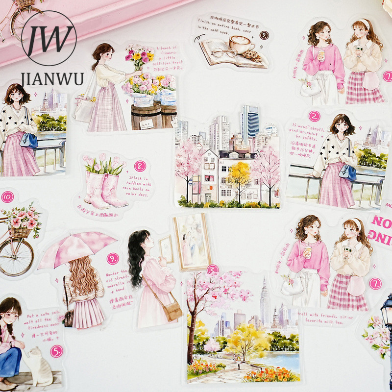 JIANWU Healing Checklist Series Vintage Girl ตัวอักษรภูมิทัศน์วัสดุ Collage PET สติกเกอร์ Creative DIY Journal เครื่องเขียน