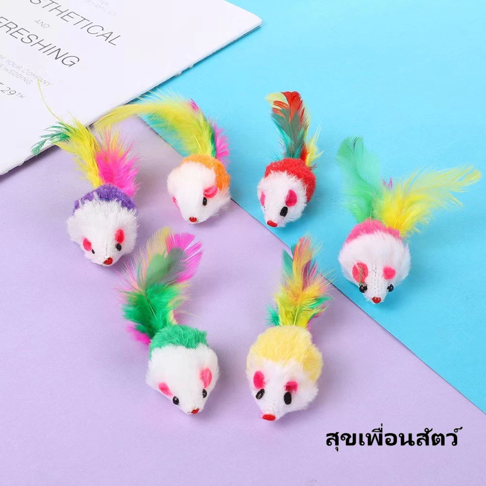 ของเล่นแมว ตุ๊กตาหนูขนสัตว์ สีรุ้ง หางขนนก สีหลากหลาย เล่นโต้ตอบ คลายเบื่อ 🐱🐭 สินค้าพร้อมส่ง ส่งเร็วทันใจ ⚡ thumbnail 6