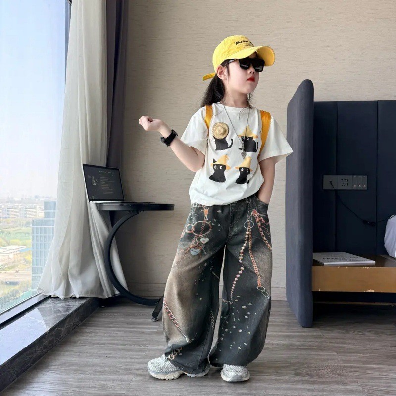 ชุดเด็กผู้หญิง 2 ชิ้น ฤดูร้อน กางเกงยีนส์ขากว้างเอวสูง พิมพ์ลาย