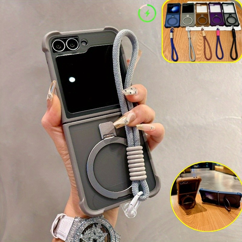 SAMSUNG สี่มุมป้องกันการตกเคสแม่เหล็กปลอกพร้อมเชือกเส้นเล็ก ซัมซุง กาแลคซี Z พลิก 8 7 6 5 4 3 ที่วางแหวนโลหะชาร์จไร้สายฝาหลัง