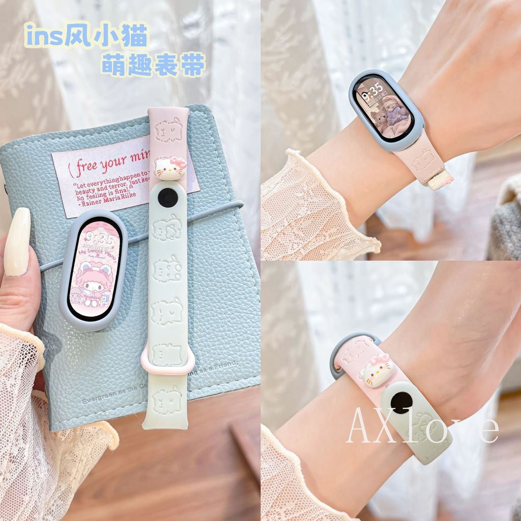 เคสนิ่ม + สายซิลิโคนสําหรับ เสี่ยวหมี่ วงดนตรี 10 9 8 เอ็นเอฟซี แกะสลักลูกแมวการพิมพ์สําหรับ เสี่ยวหมี่ ไมล์แบนด์ 8 วงดนตรี อุปกรณ์เสริม