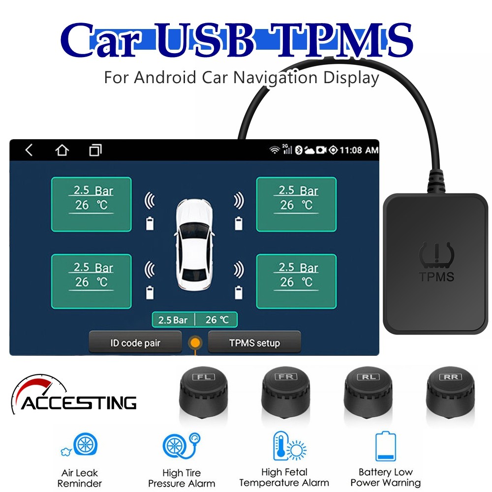 ระบบตรวจสอบความดันยาง Android TPMS สําหรับ Android Navigation พร้อม 4 เซ็นเซอร์ภายนอก USB TPMS สําหรับรถบรรทุก ค่าย รถพ่วง SUV รถบ้าน MPVs 0–116 Psi