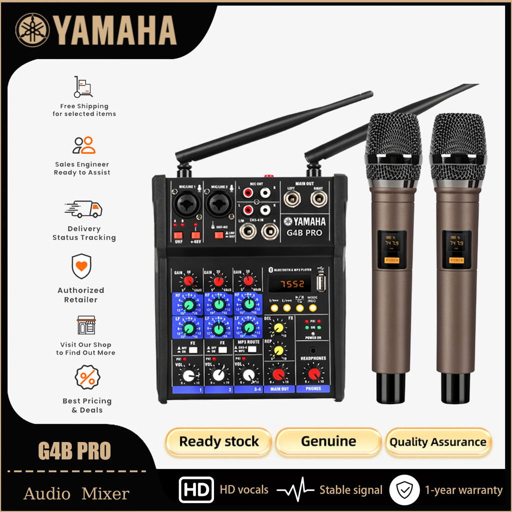 Yamaha G4B-PRO Professional Audio Mixer 4 ช่องในตัวไมโครโฟนไร้สาย UHF 2 โทรศัพท์มือถือรองรับบลูทูธ/USB/MP3/PC