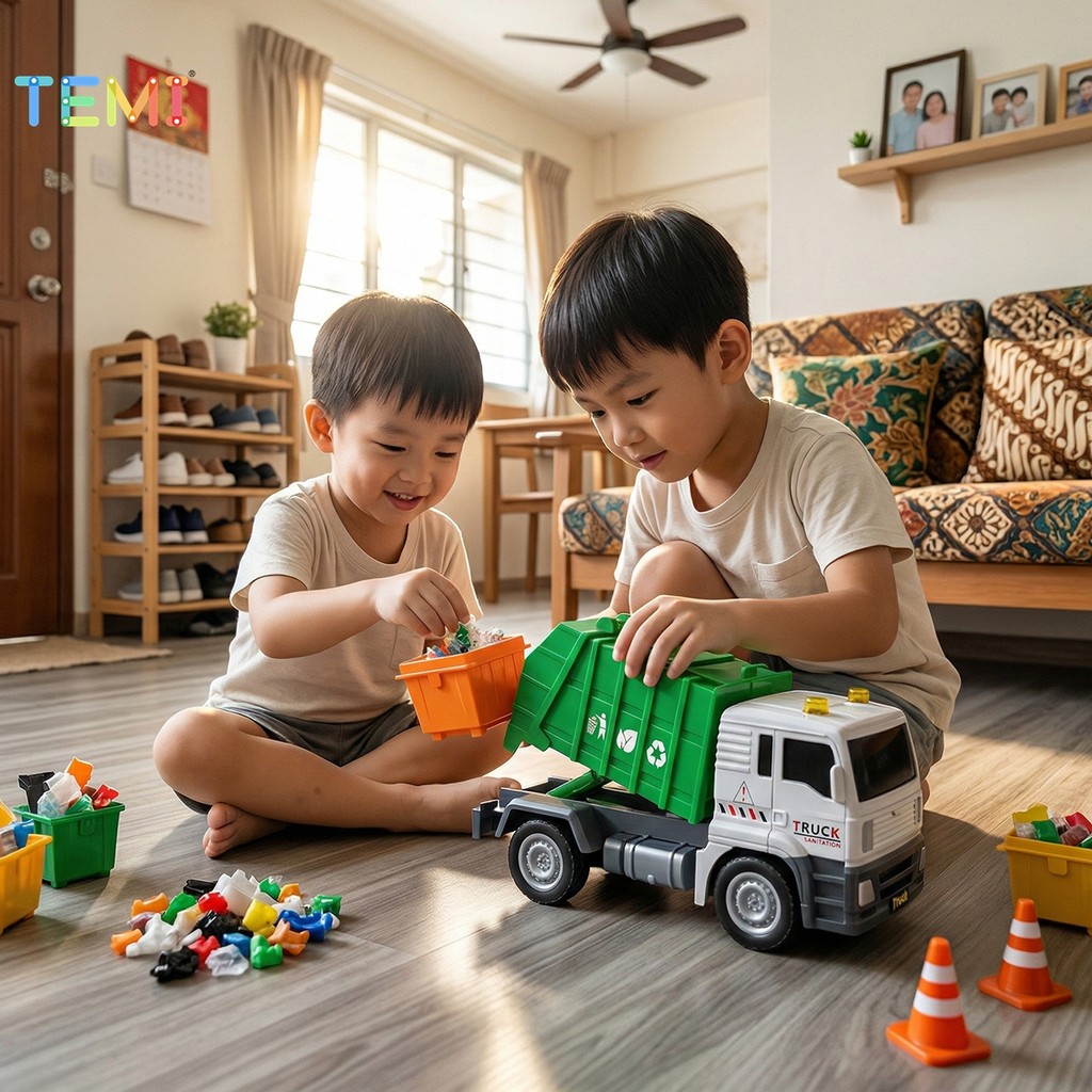TEMI รถบรรทุกสุขาภิบาลรถบรรทุกขยะของเล่นโลหะ Cab แรงเสียดทานขับเคลื่อนการออกแบบที่สมจริงทนทานปลอดภัยของเล่นเด็กชาย