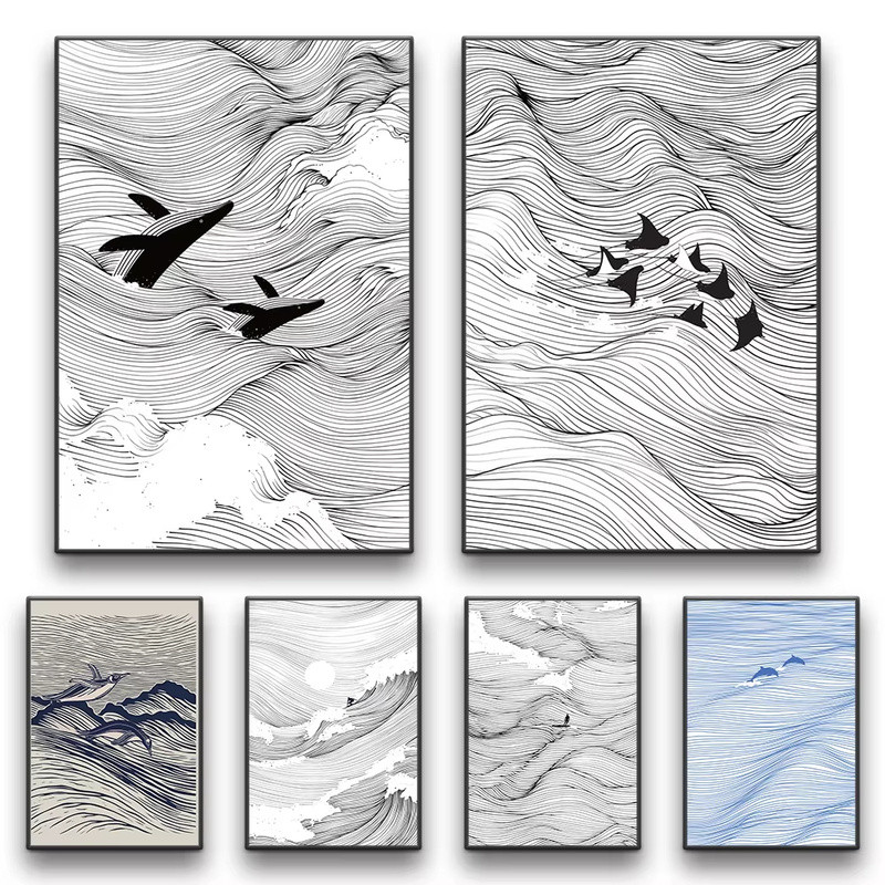 Waves Line Art ภาพท่องเพนกวิน Manta Dolphin Whale พิมพ์ภาพวาดผ้าใบสําหรับตกแต่งบ้านห้องนั่งเล่น